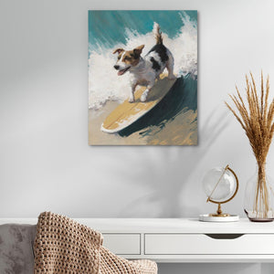 a painting of a dog surfing on a wave