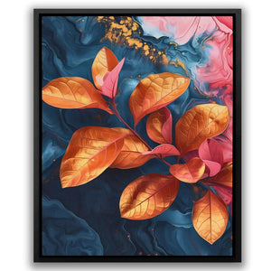 a painting of orange leaves on a blue background