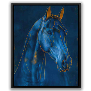 a painting of a blue horse with gold accents