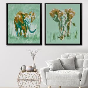 a living room with two paintings of elephants on the wall