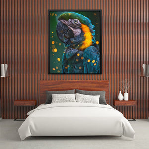 a painting of a parrot on a wall above a bed