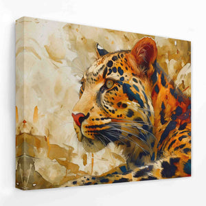 a painting of a leopard resting its head on a rock