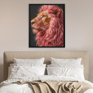 a picture of a lion on a wall above a bed