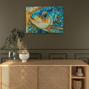 a painting of a fish on a wall above a cabinet