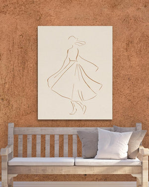 a drawing of a woman in a dress on a wall above a bench