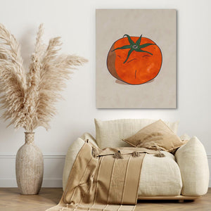 a painting of a tomato on a wall above a couch