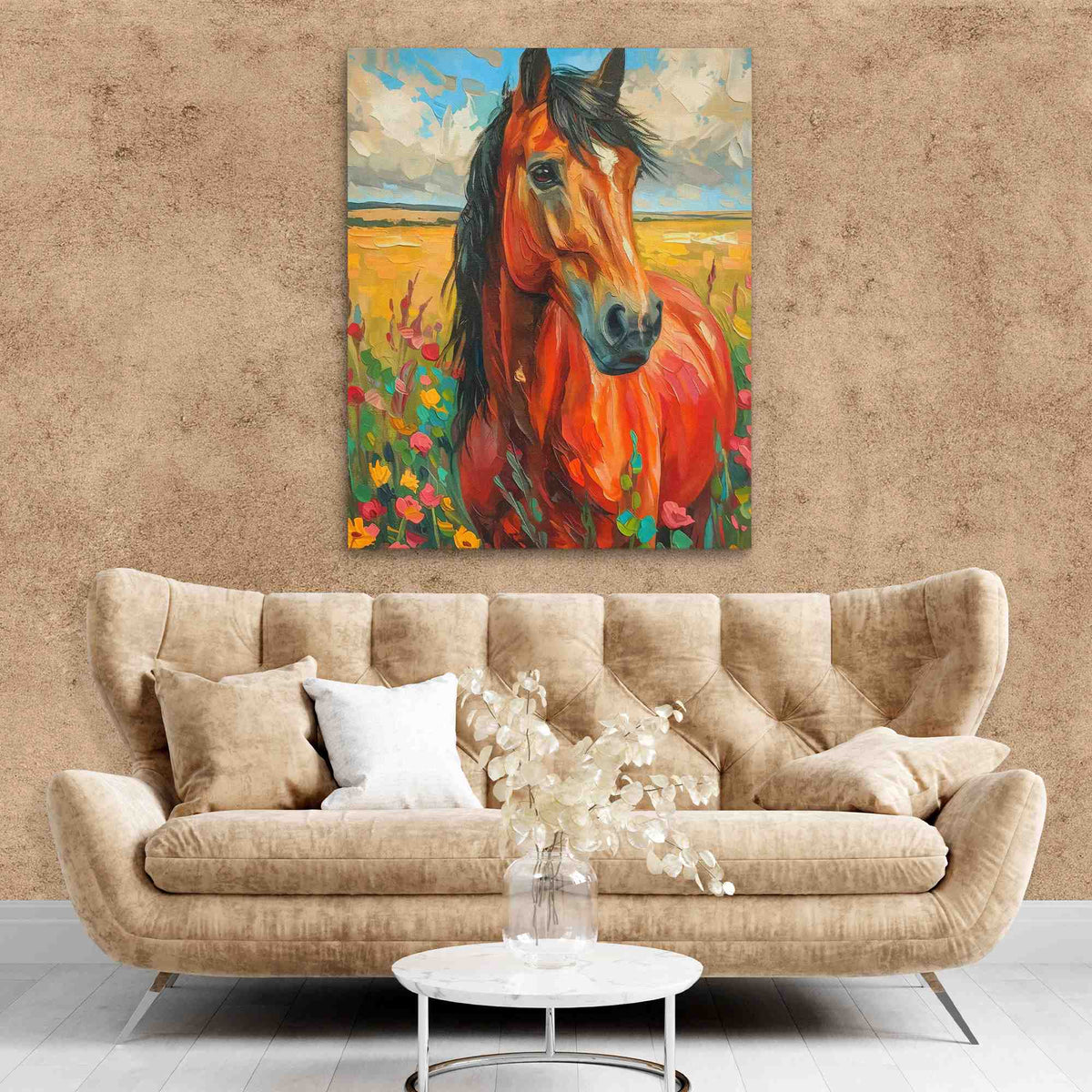 a painting of a horse on a wall above a couch