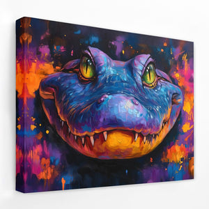 a painting of a blue dragon with yellow eyes