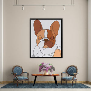 a picture of a dog on a wall in a living room