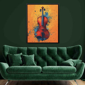 a painting of a violin on a green wall