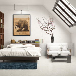 a bedroom with a bed and a book shelf