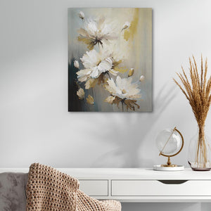 a painting of white flowers on a white wall