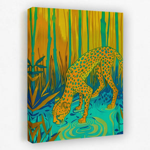 a painting of a cheetah drinking water from a stream