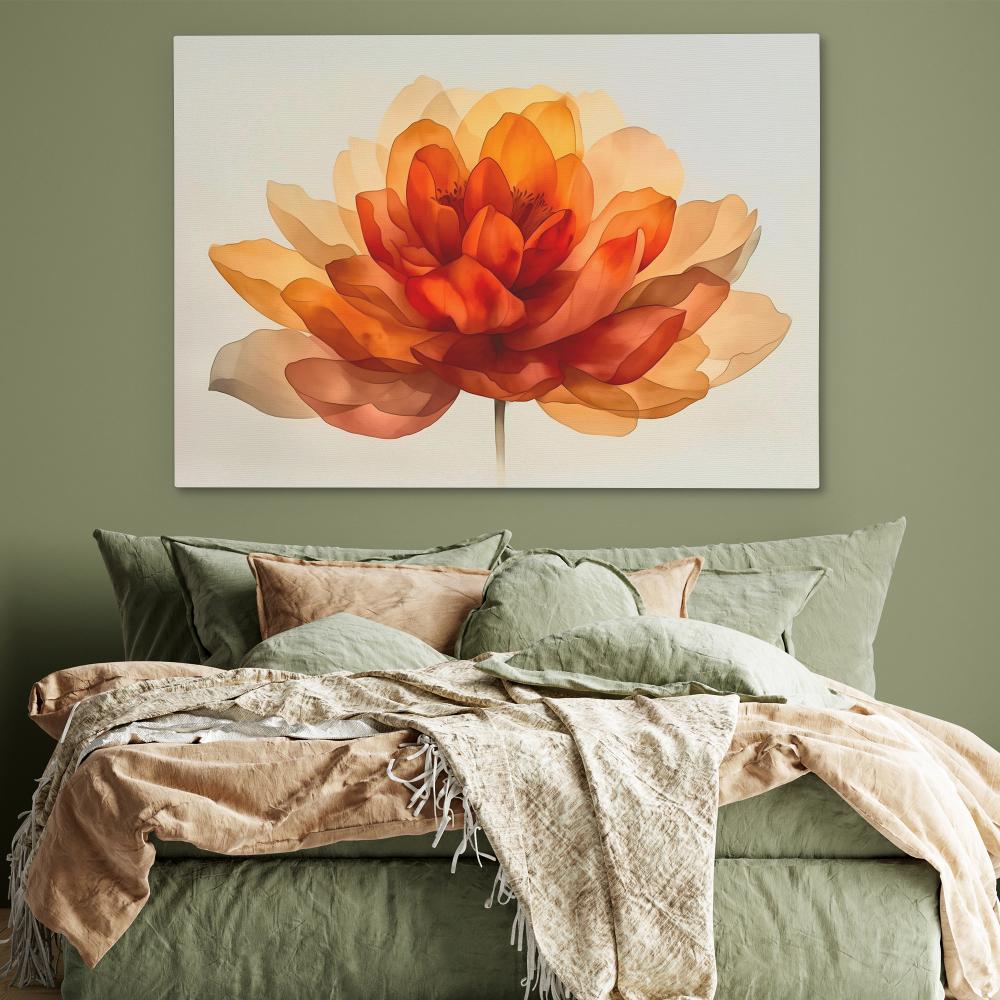 a painting of a large orange flower on a white wall