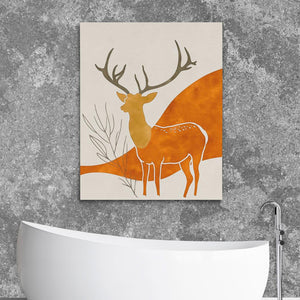 a painting of a deer is on a wall above a bathtub