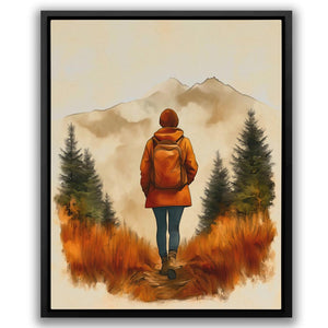 a painting of a person walking on a trail