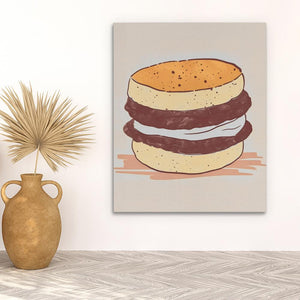 a painting of a hamburger on a wall next to a potted plant