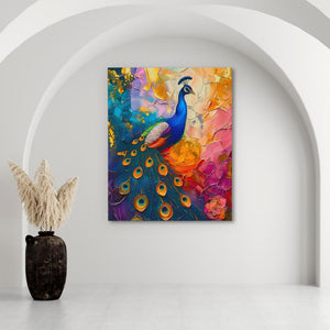 a painting of a peacock on a white wall