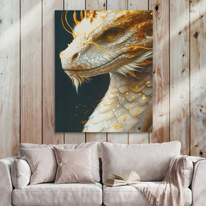 a painting of a white dragon on a wooden wall