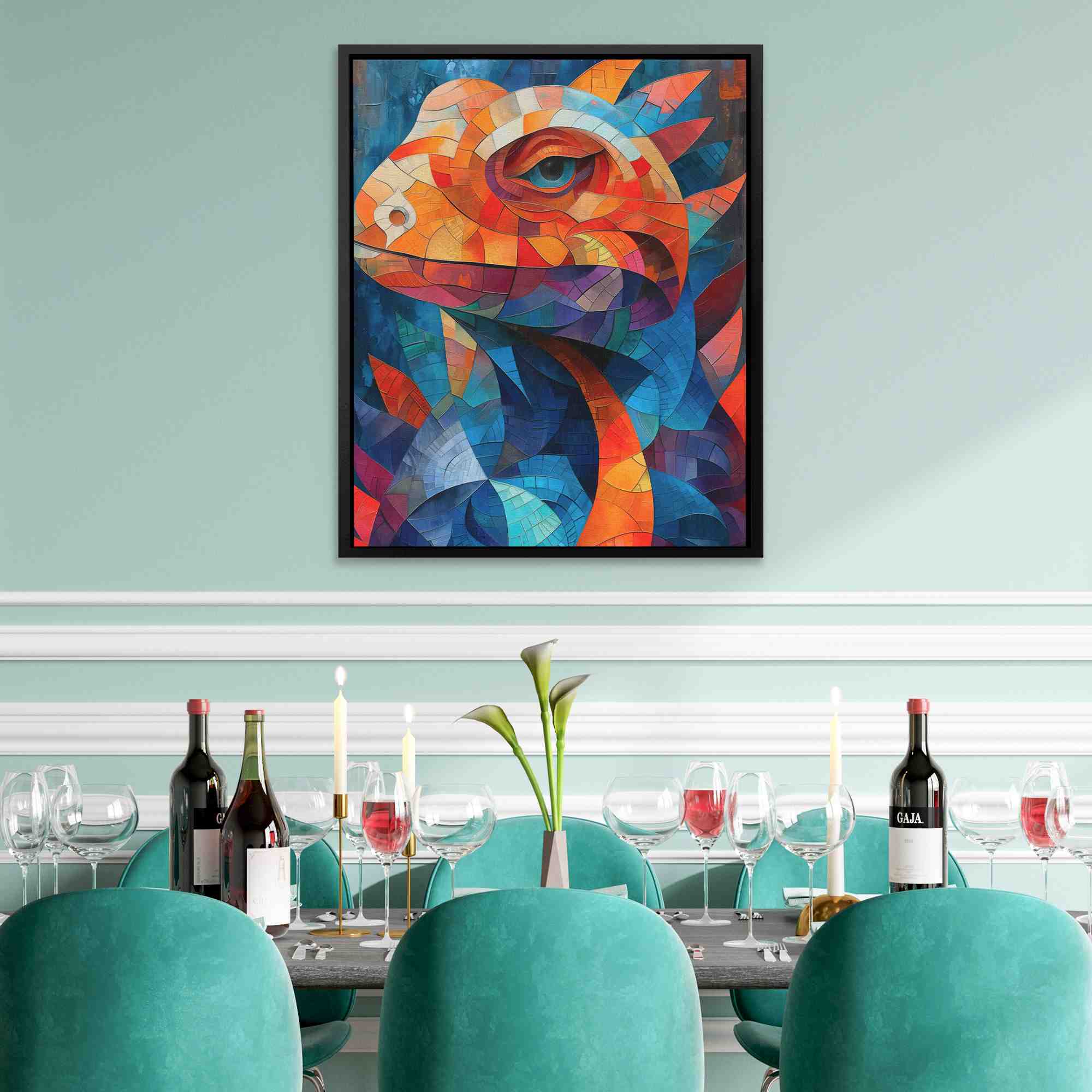 a painting of a colorful fish on a white wall