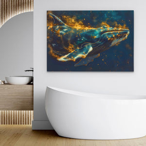 a bathroom with a bathtub and a painting on the wall