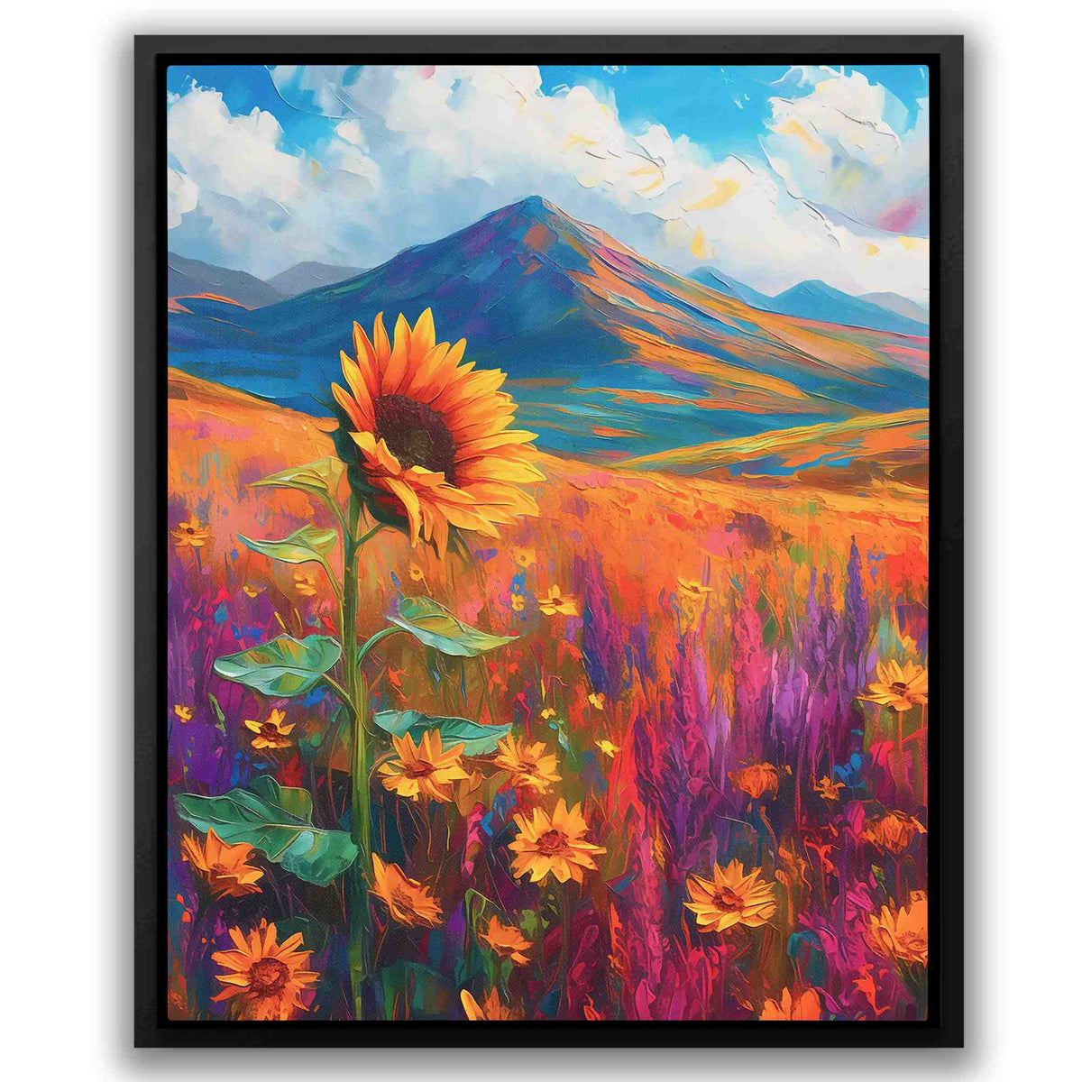 a painting of a sunflower in a field