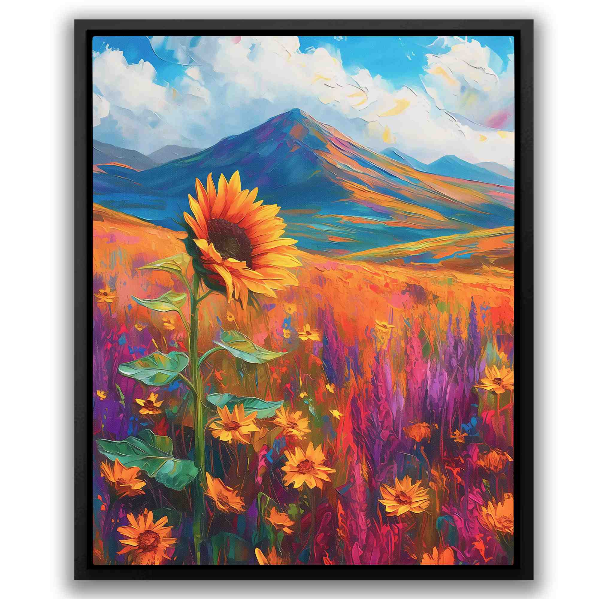 a painting of a sunflower in a field with mountains in the background