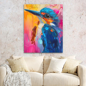 a painting of a colorful bird on a wall above a couch