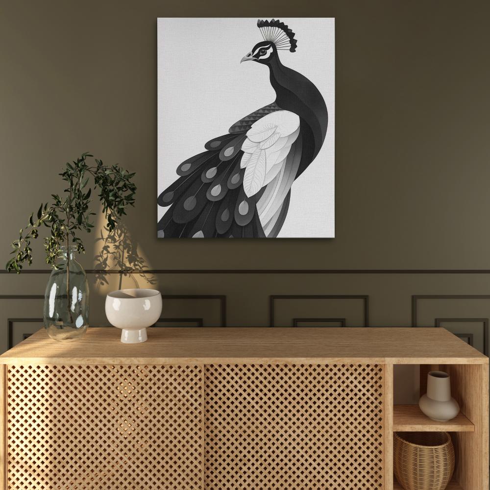 a black and white painting of a peacock