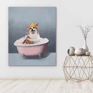 a painting of a dog in a bath tub