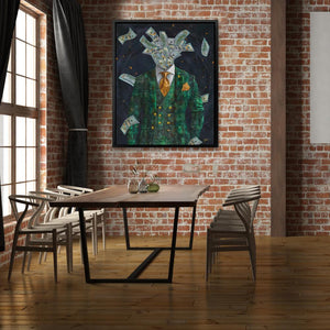 a dining room with a brick wall and a painting on the wall