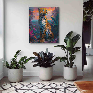 a painting of a leopard in a tropical setting