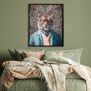 a painting of a tiger in a suit on a wall above a bed