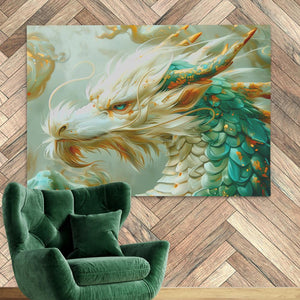 a green chair sitting in front of a painting of a dragon