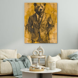 a painting of a bear in a suit on a wall