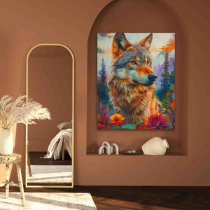 a painting of a wolf in a room