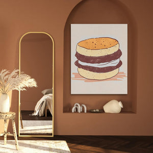 a painting of a hamburger on a wall next to a mirror