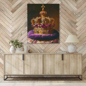 a painting of a crown on a wooden wall