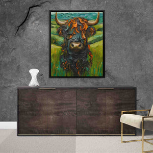 a painting of a bull on a wall above a dresser
