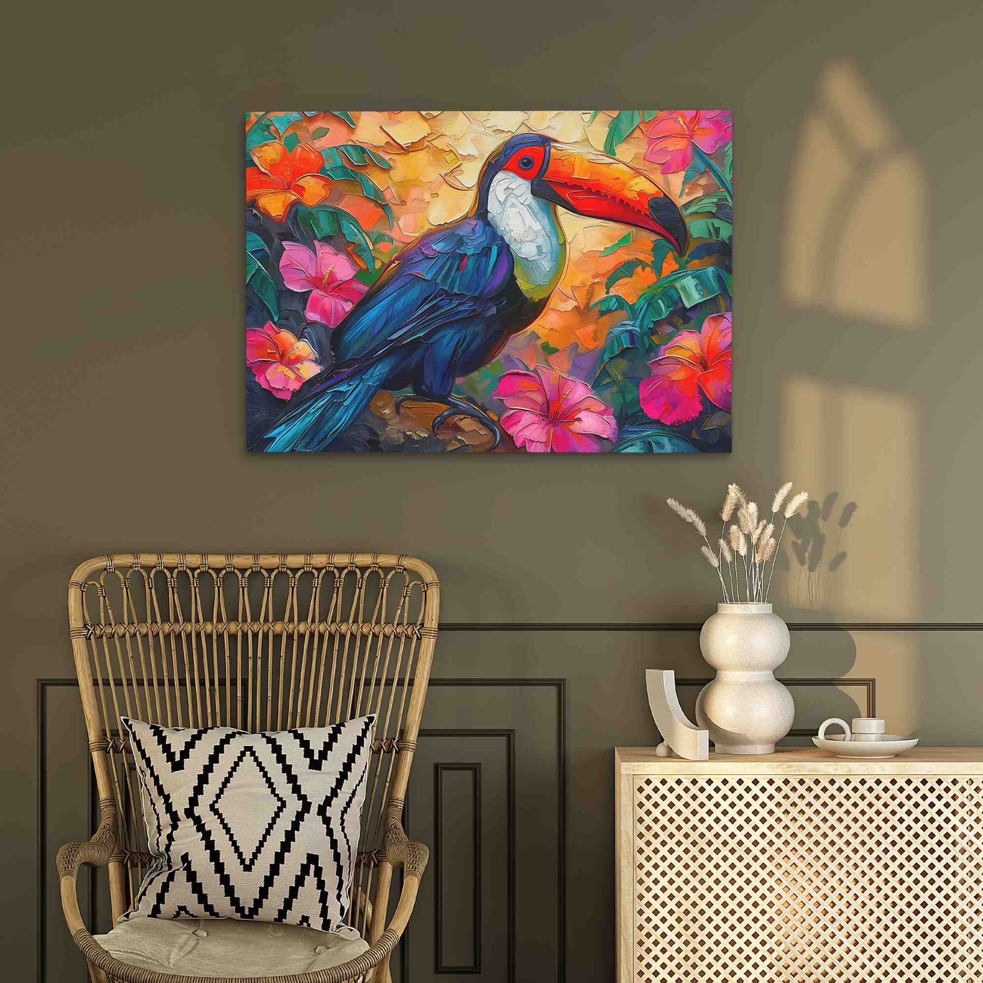 a painting of a toucan bird sitting on a branch