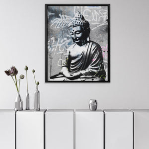 a picture of a buddha statue on a wall