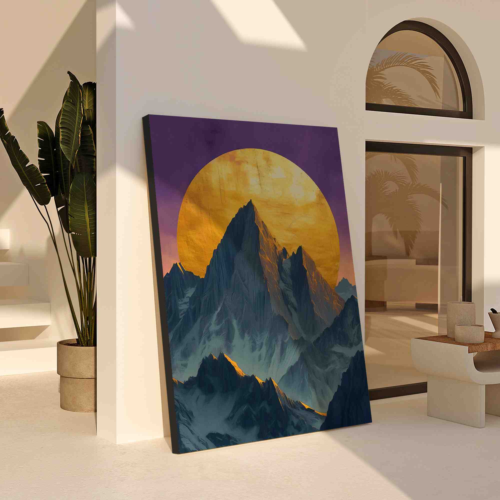 a painting of a mountain range with a full moon in the background