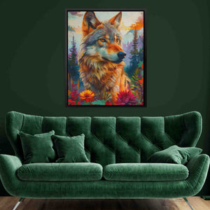 a painting of a wolf on a green wall