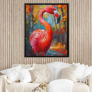a painting of a flamingo in a living room