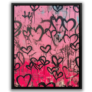 a picture of a pink wall with lots of black hearts