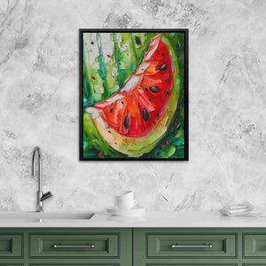 a painting of a watermelon slice hanging on a wall