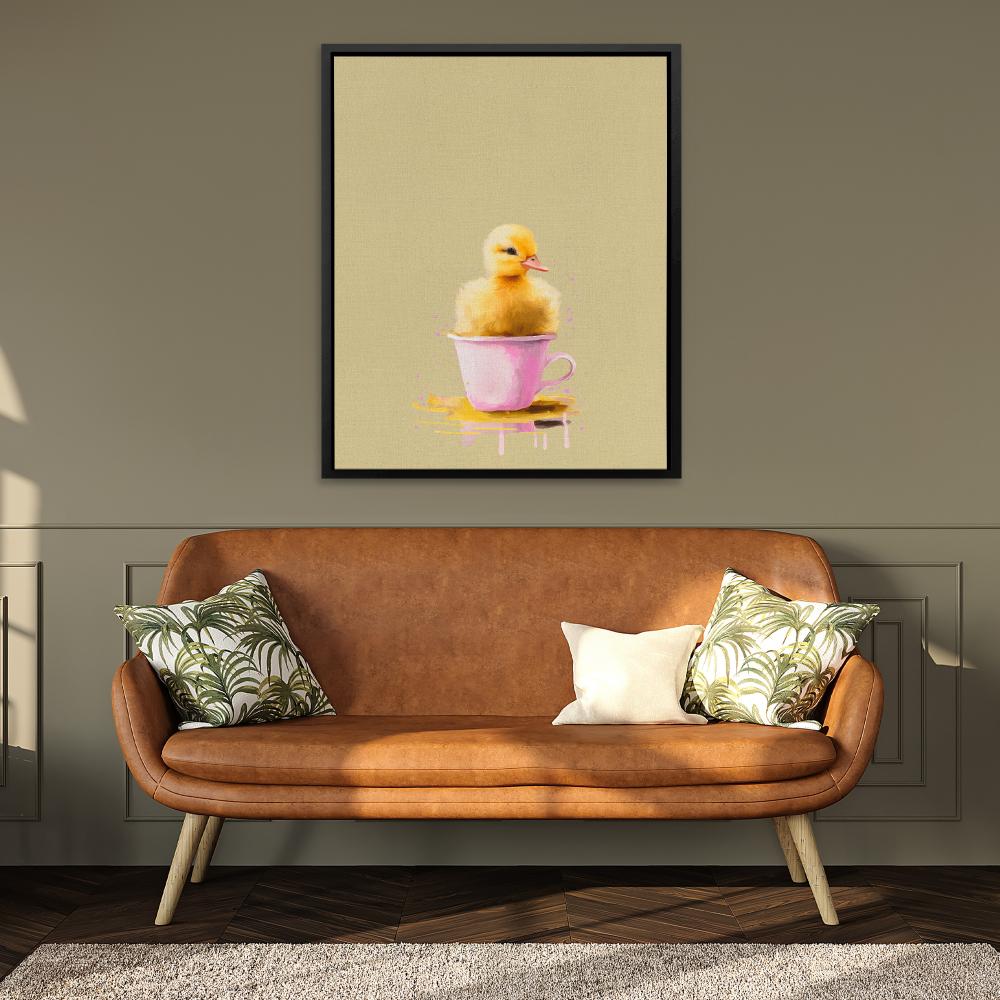 a duck in a pink cup on a yellow background