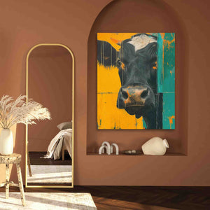 a painting of a cow on a brown wall