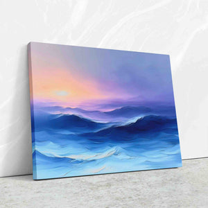 a painting of a blue ocean with a sunset in the background