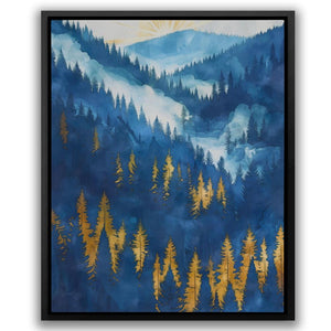 a painting of a mountain with trees in the foreground